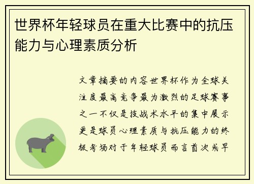 世界杯年轻球员在重大比赛中的抗压能力与心理素质分析